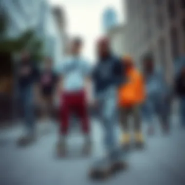 Group of skateboarders displaying diverse jogger styles in urban settings