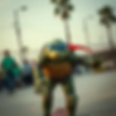 A community gathering at a skate park featuring Ninja Turtle-themed events and engagement.