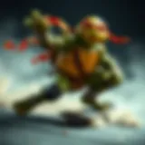 A vibrant depiction of a Ninja Turtle on a skateboard, showcasing dynamic movement and style.