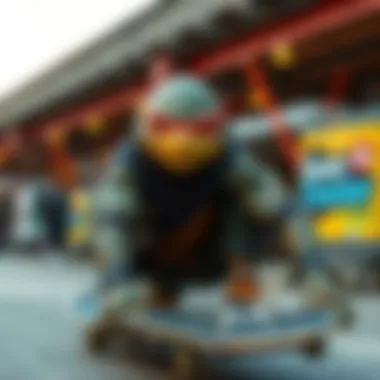 An artistic representation of skateboarding culture infused with Ninja Turtle elements, highlighting fashion trends.
