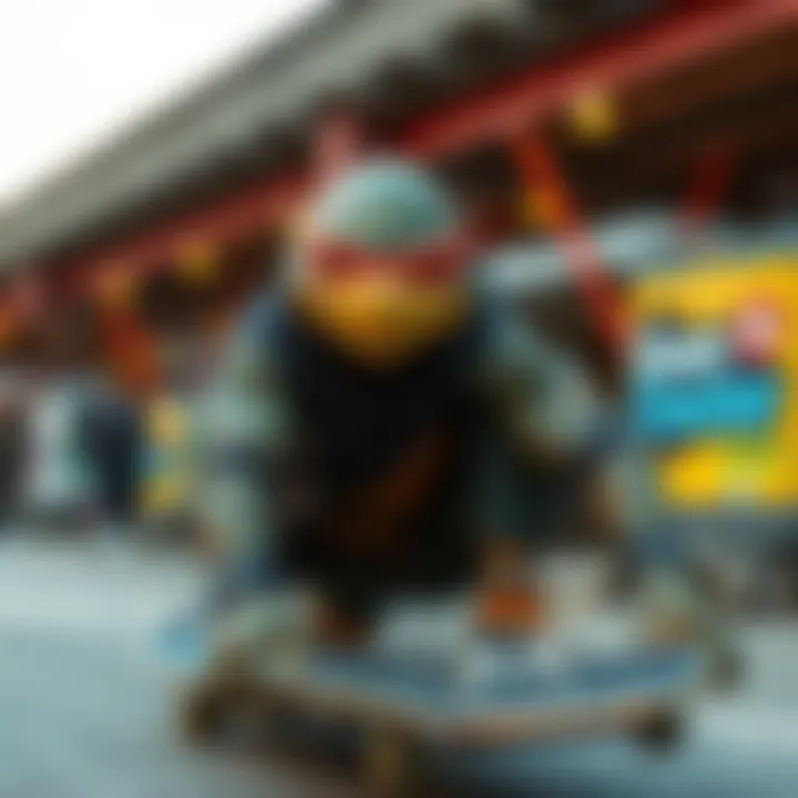 An artistic representation of skateboarding culture infused with Ninja Turtle elements, highlighting fashion trends.