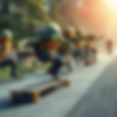 An illustration showing the evolution of skateboarding technology influenced by pop culture icons like Ninja Turtles.