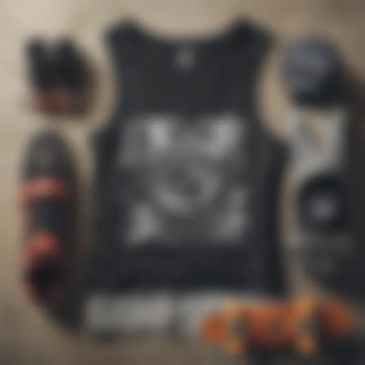 Flat lay of the crop tank top alongside skateboard gear, illustrating the lifestyle associated with skateboarding.