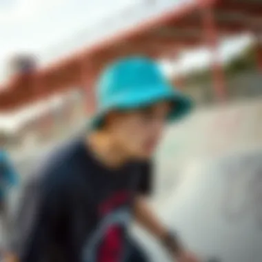 Skater wearing teal bucket hat at skate park