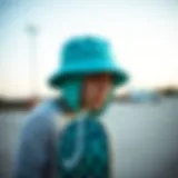 Stylish teal bucket hat on skateboard