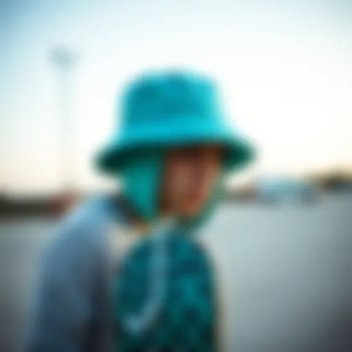 Stylish teal bucket hat on skateboard