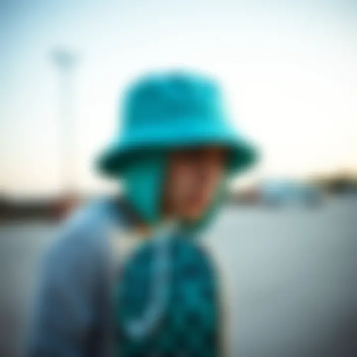 Stylish teal bucket hat on skateboard