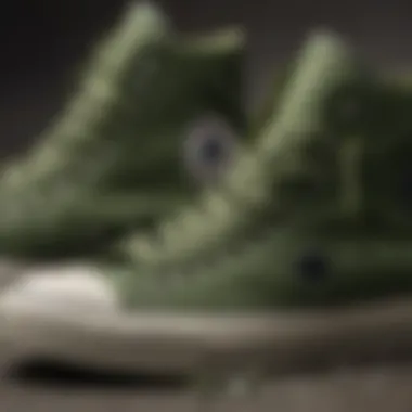 Close-up of the design details of army green Converse