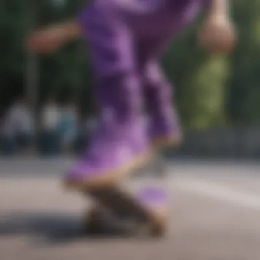 Skateboarder performing tricks in all purple Adidas