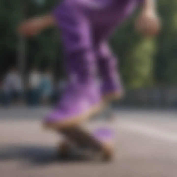 Skateboarder performing tricks in all purple Adidas