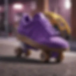 Stylish all purple Adidas sneakers on a skateboard