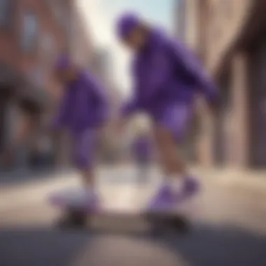 Group of skateboarders wearing all purple Adidas in an urban setting