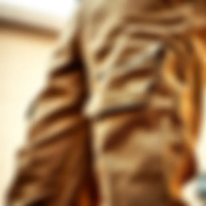 Close-up of the fabric texture of khaki cargo sweatpants