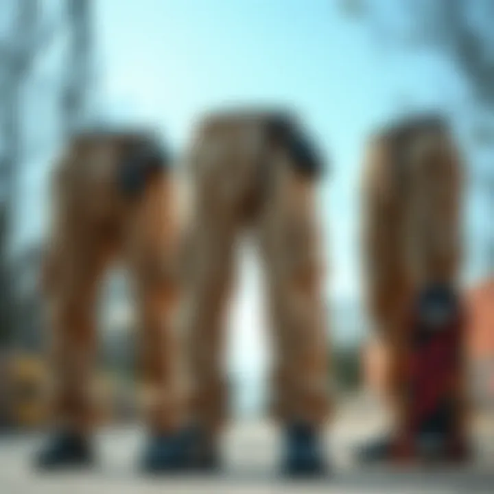 A variety of khaki cargo sweatpants displayed with skate accessories