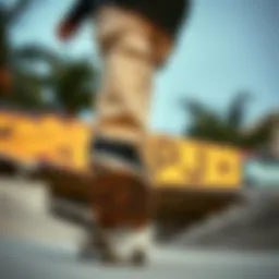 Stylish khaki cargo sweatpants on a skateboarder in action