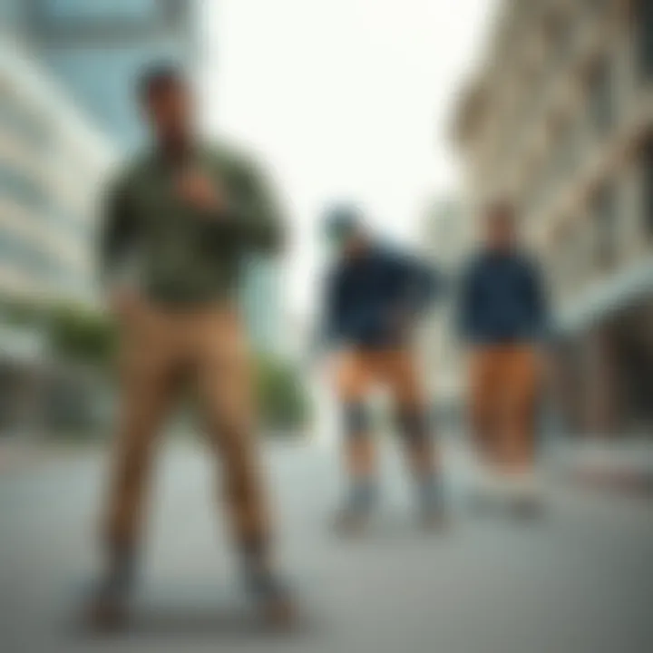 Trendy skateboarders wearing khaki cargo sweatpants in an urban setting