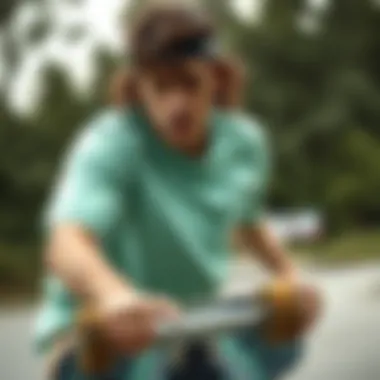 A close-up of a mint green shirt on a skateboard