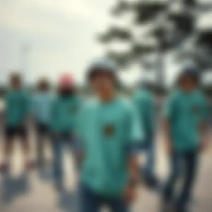 A group of skateboarders in mint green shirts at a skate park