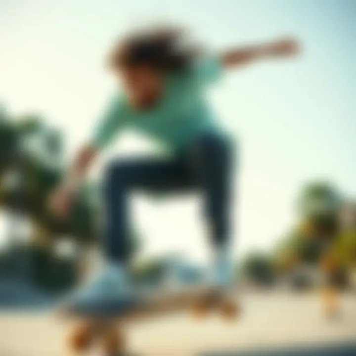 Skateboarder wearing a mint green shirt performing a trick