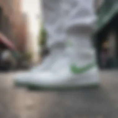 A stylish individual showcasing the white Nikes in an urban setting