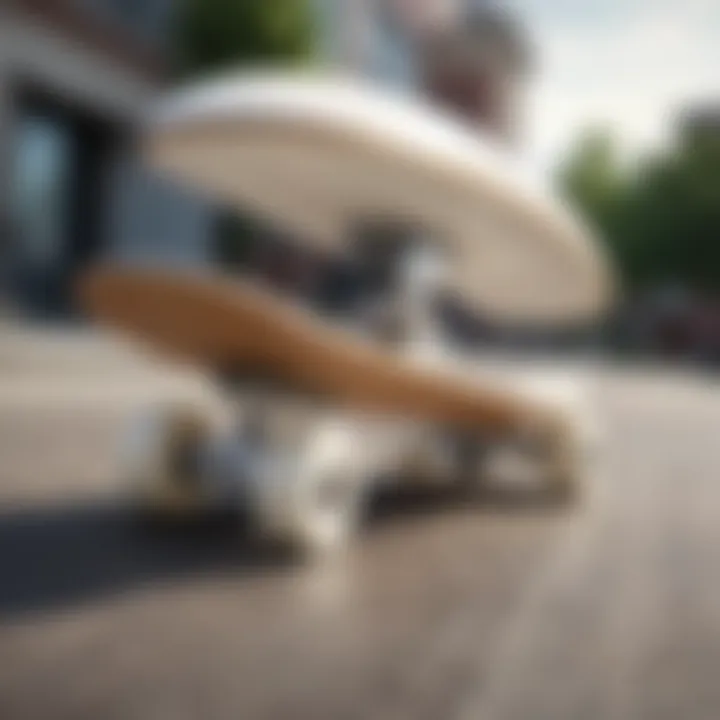 Artistic representation of a white skateboard in motion.