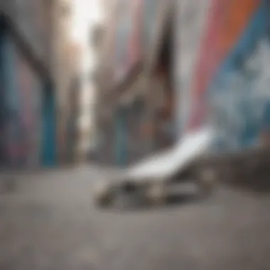 White skateboard in an urban setting with graffiti background.