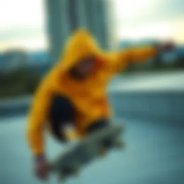 Dynamic skateboarding scene featuring a vibrant yellow hoodie.