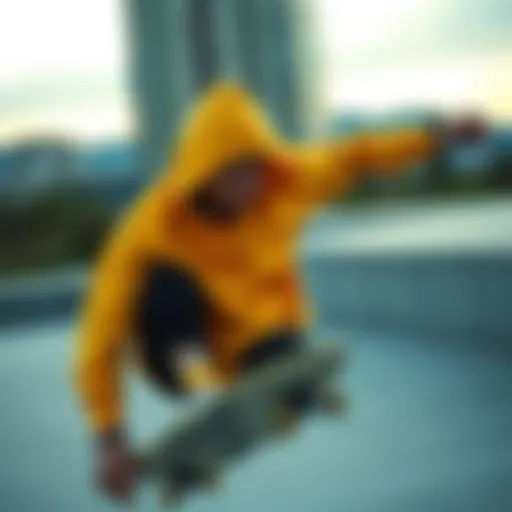 Vibrant Yellow Hoodie in Action Dynamic skateboarding scene featuring a vibrant yellow hoodie.