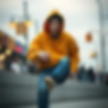 Illustration of the historical evolution of skateboarding fashion with the yellow hoodie.