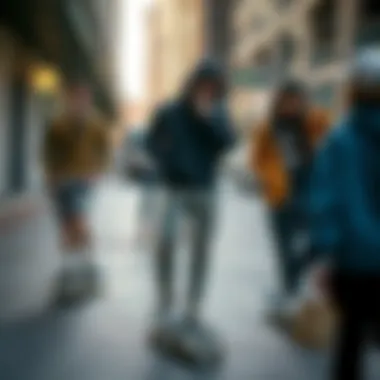 Group of skaters wearing trendy skate apparel in urban setting