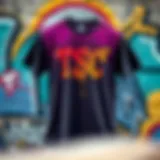 A vibrant and stylish TSC tee shirt displayed against a graffiti wall