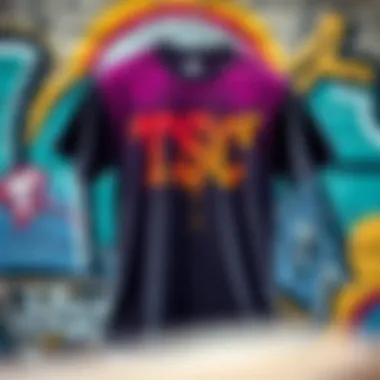 A vibrant and stylish TSC tee shirt displayed against a graffiti wall
