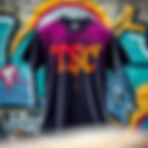 A vibrant and stylish TSC tee shirt displayed against a graffiti wall
