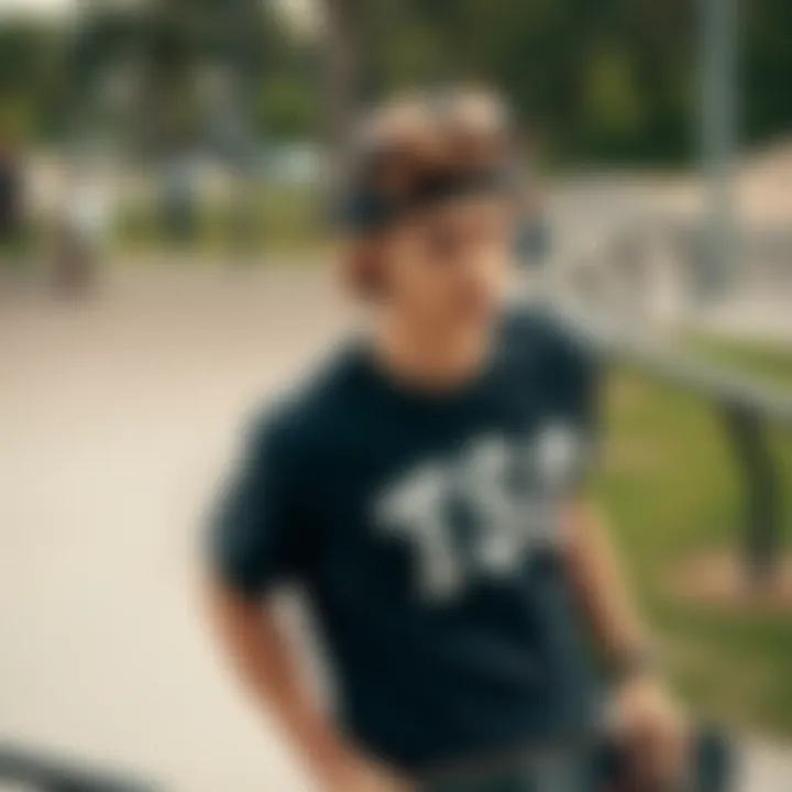 Skateboarder wearing a TSC tee shirt at a skate park, showcasing lifestyle