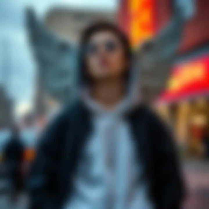 Fashionable individual wearing an angel wing hoodie in urban setting