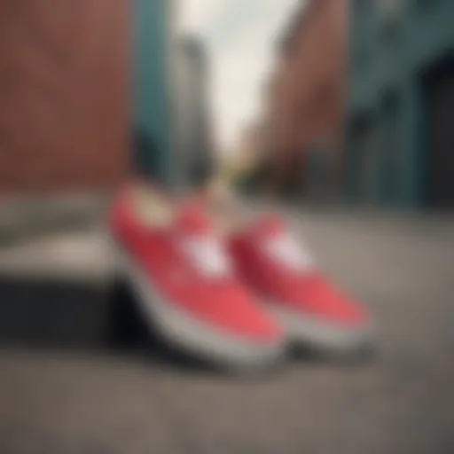 Vans Authentic sneakers displayed on a skateboard with urban backdrop