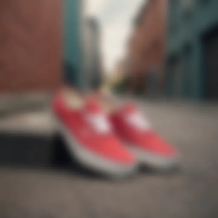 Vans Authentic sneakers displayed on a skateboard with urban backdrop