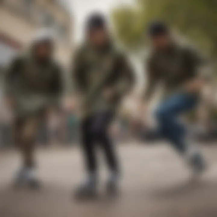 A group of skaters wearing the Vans Camo Windbreaker during a session