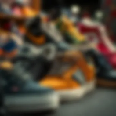Different brands of skating shoes displayed together.