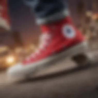 Vintage advertisement featuring Converse Chuck Taylor shoes in a skateboarding context.