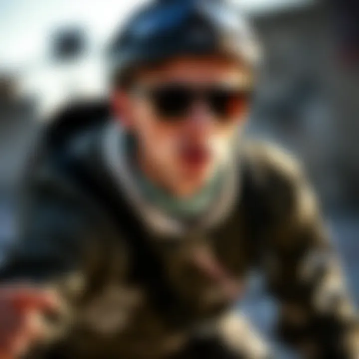 Stylish individual wearing Wayfarer sunglasses with skateboarding gear