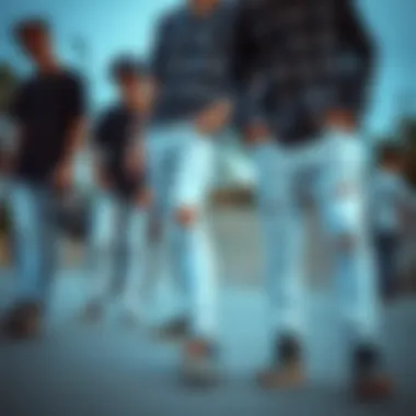 A group of friends wearing white ripped jeans at a skateboarding park