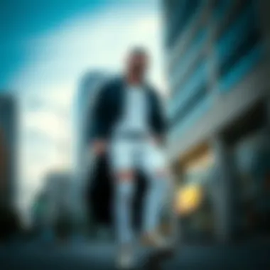 A stylish individual wearing white ripped jeans in an urban setting