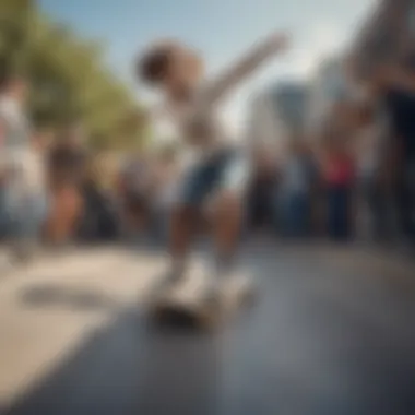 A vibrant community gathering at a skate event, emphasizing inclusivity and support for diverse skateboarders.