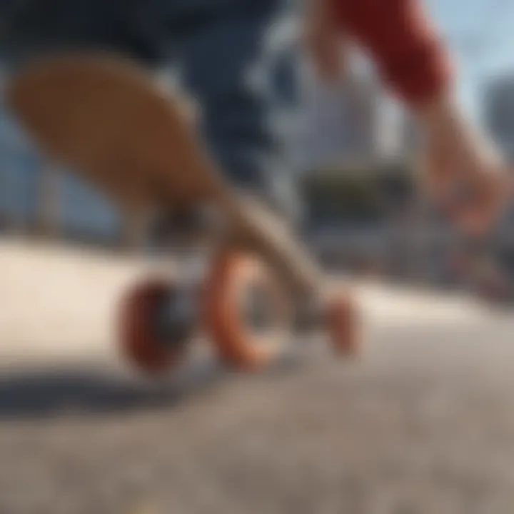 A close-up of skateboard wheels grinding against a rail, symbolizing the grit and determination in skateboarding.