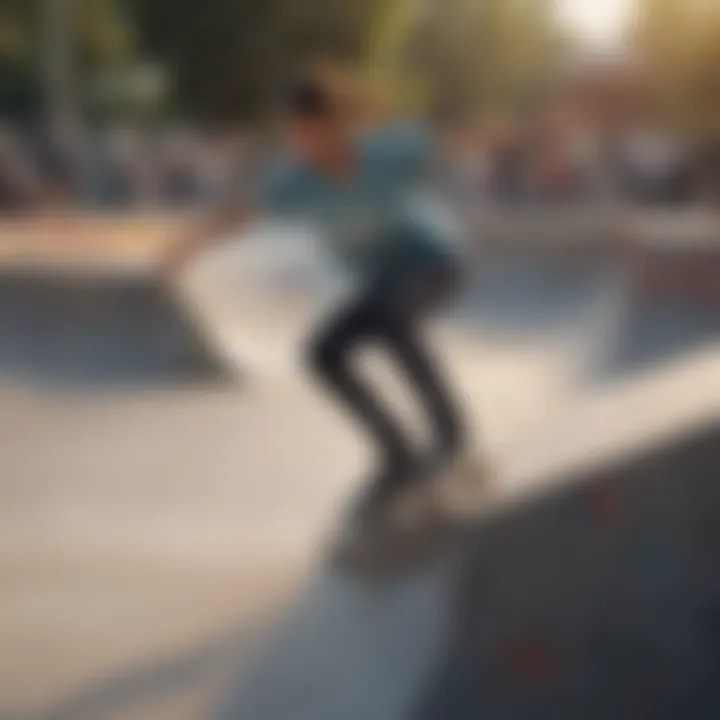 A skilled skateboarder executing a champion slide in an urban skate park, showcasing technique and style.