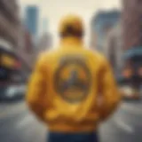 The iconic Yellow Members Only Jacket displayed against a city backdrop, showcasing its vibrant color and style.