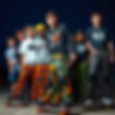 A group of young skaters showcasing different skate pants designs