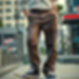 Stylish youth skate pants displayed in an urban setting